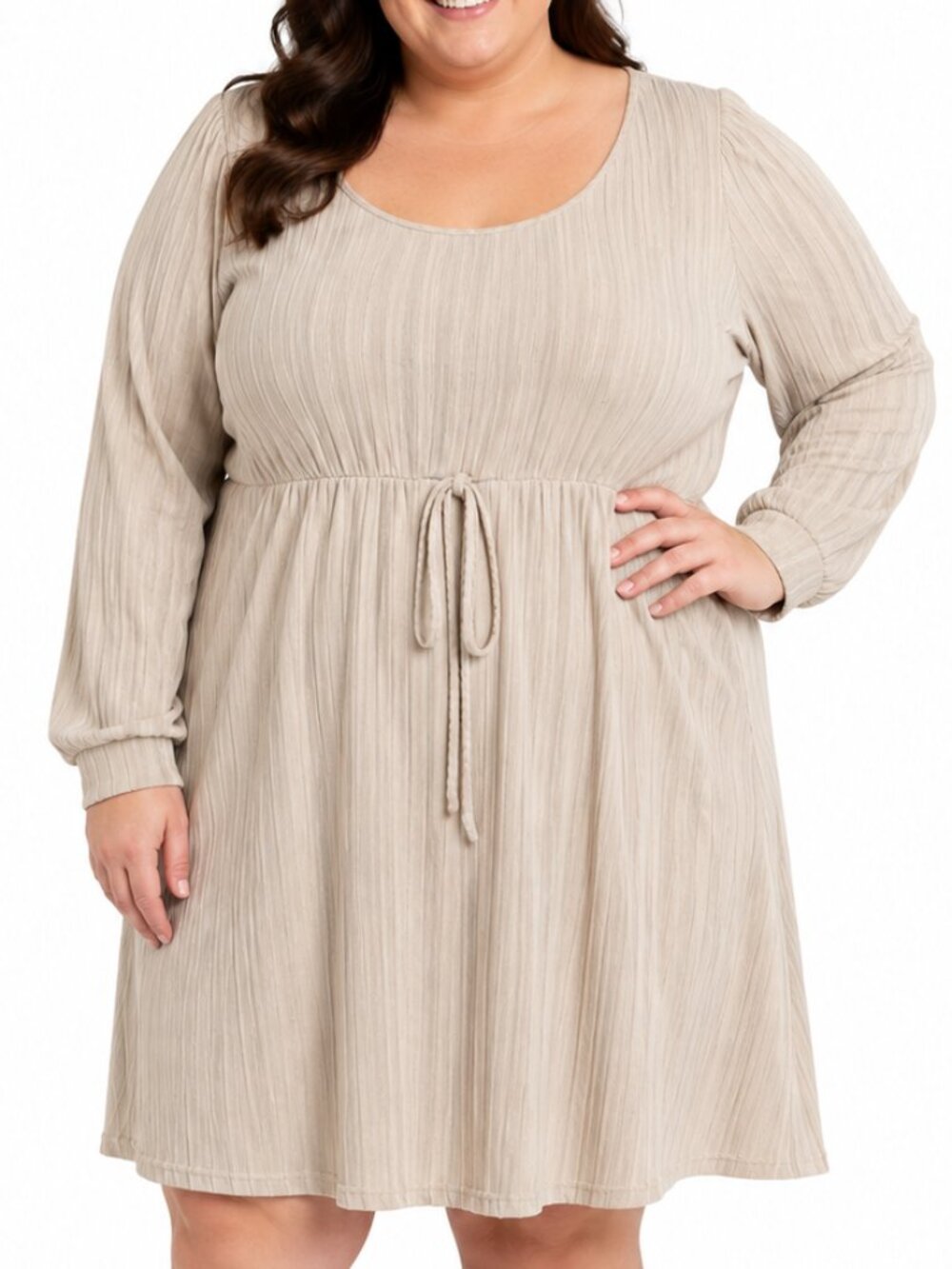 SHEIN Curve 4XL Beige Ribbed Knit Tie Waist Knee Length Dress Plus Size